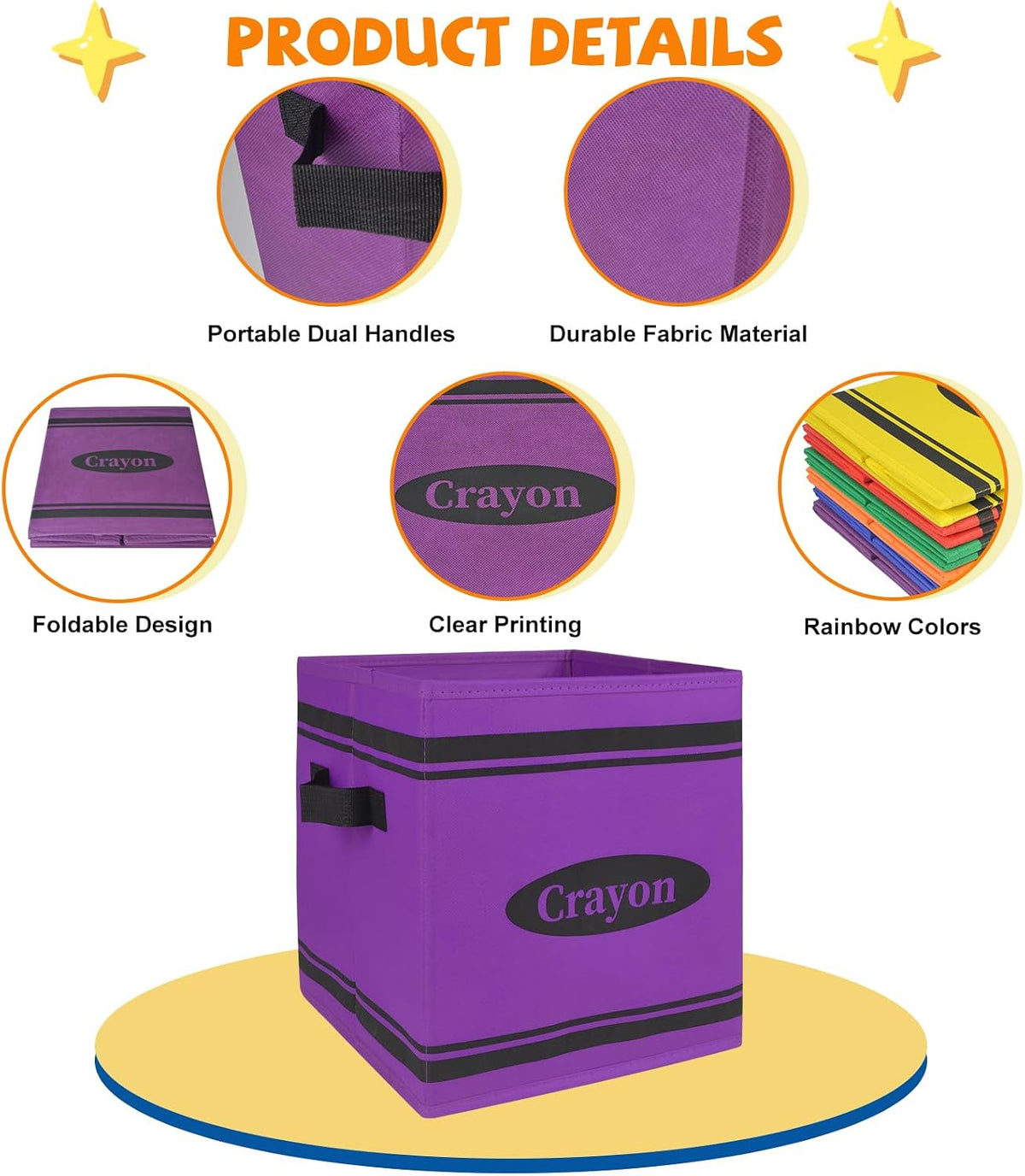6 Pcs 11" Crayon Classroom Storage Bins, Colorful Fabric Cube Storage Bin