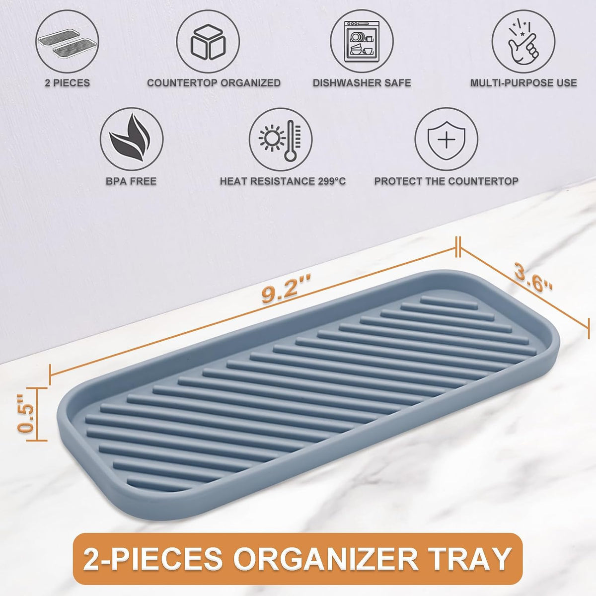 Silicone Organizer Tray, Soap and Sponge Holder for Kitchen Sink, Bathroom - Storage Tray for Dish Brush, Soap Dispenser, Dishwashing Accessories- 2 Pack (Gray)