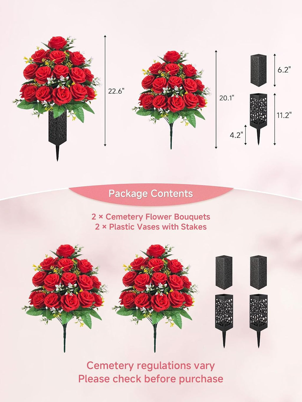 Mirevielyn 2-Pack Artificial Rose Cemetery Flowers with Spiked Vases
