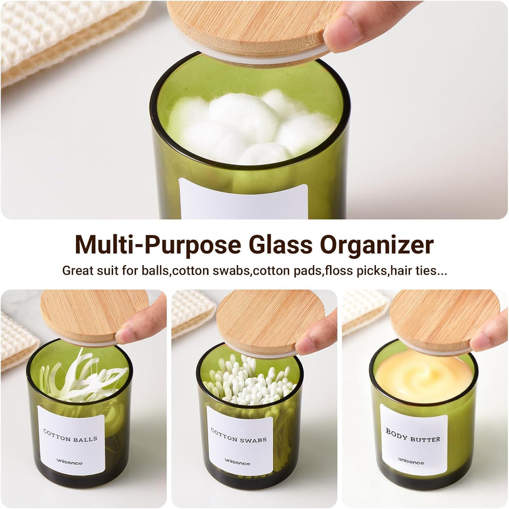 2 Pack Glass Qtip Holder Dispenser Set - Q Tip Holder for Bathroom Canister Qtip Dispenser with Lid for Cotton Balls, Swabs, Floss Picks, and Makeup Sponges ,Olive Green,Large Capacity