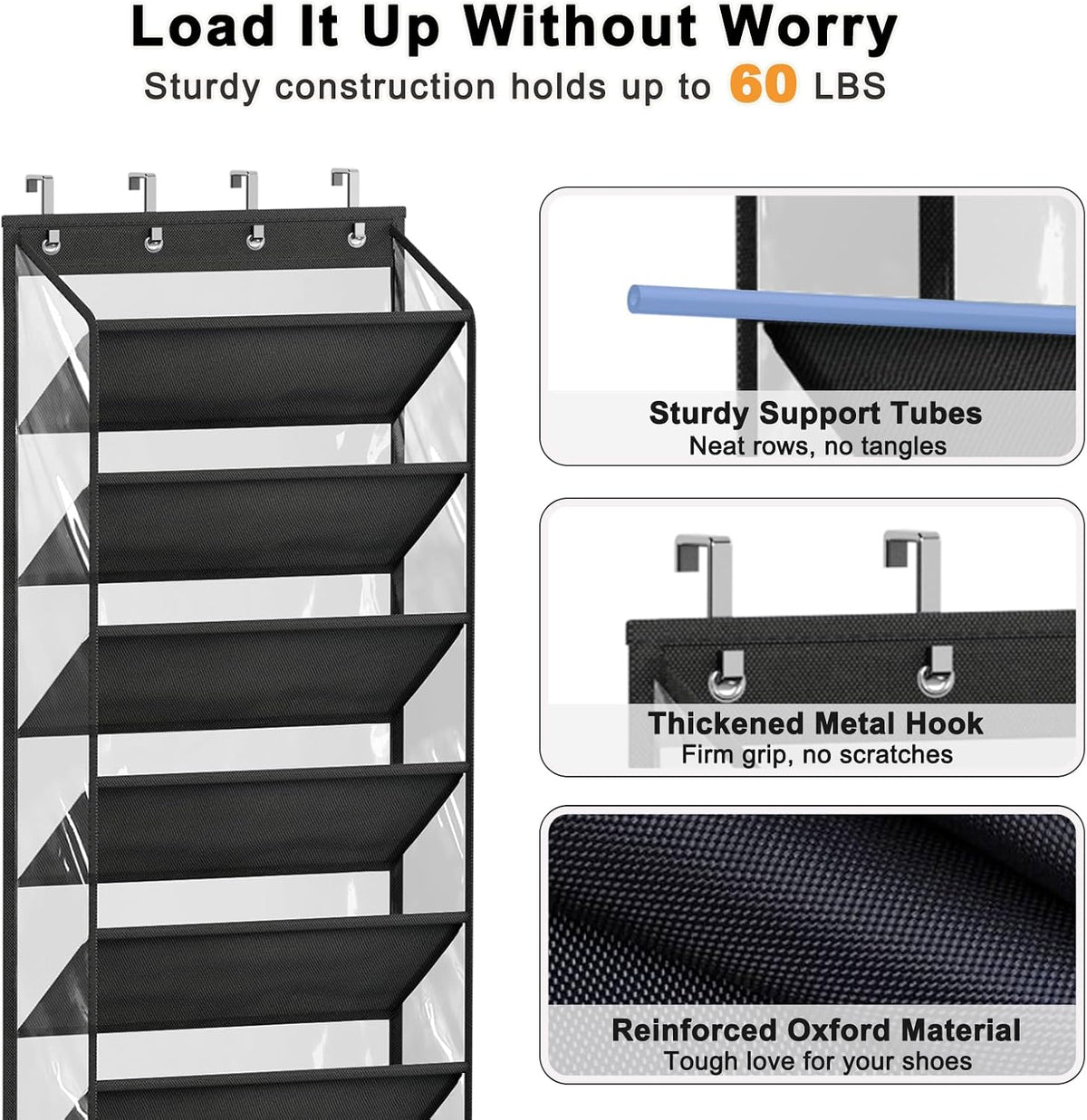 MISSLO 36 Pairs Clear Over the Door Shoe Organizer Closet Hanging Shoe Rack for Door with Large Deep Pockets Shoes Hanger Holder for Sneakers, Boots, Heels Storage (Black)