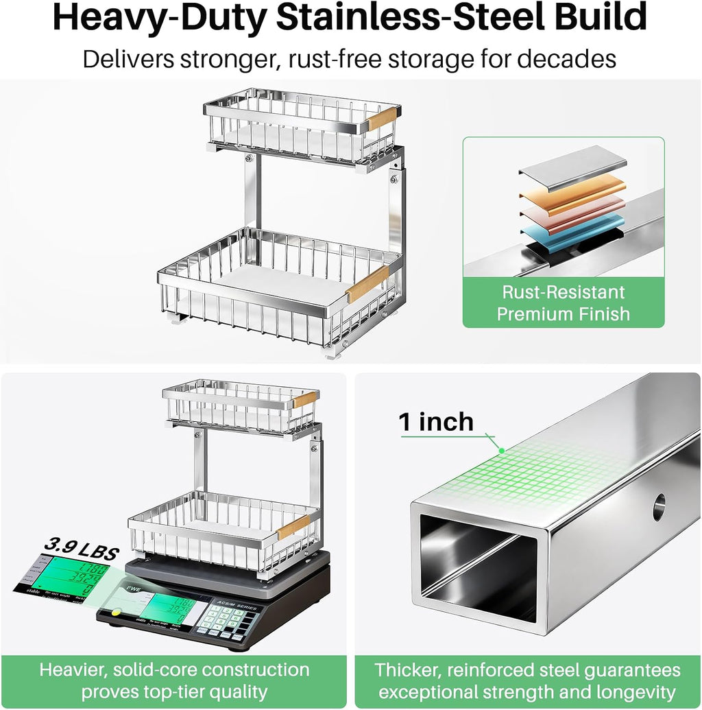Kitstorack Under Sink Organizer, 2 Tier Under the Sink Storage, Slide out Pull out Cabinet Organizer Shelf, Metal Sliding Drawer for Kitchen Bathroom Pantry Closet Organization Rack, Silver, 2 Pack