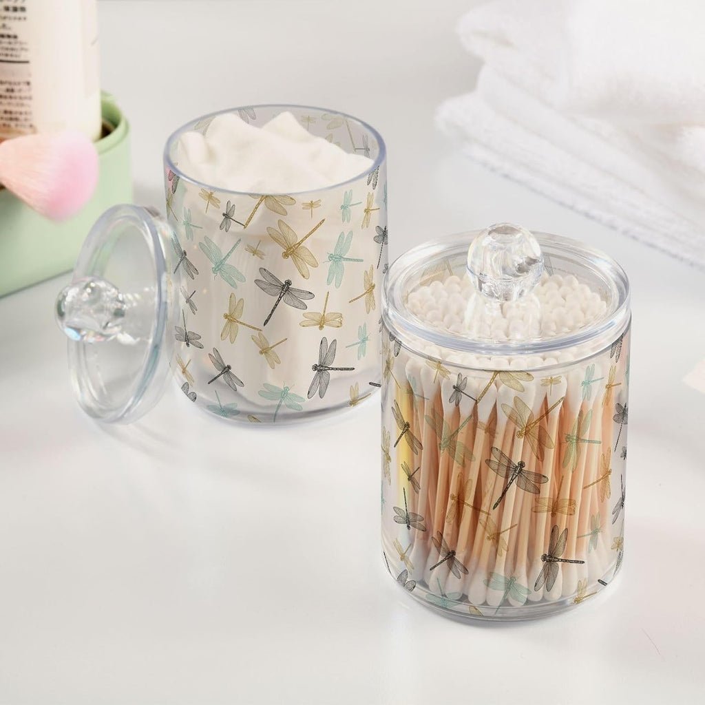 4 Pack Qtip Dispenser Apothecary Jars Bathroom Organizer, Golden Blue Dragonfly Retro Qtip Holder Storage Canister Plastic Acrylic Jar for Cotton Ball/Swab/Rounds