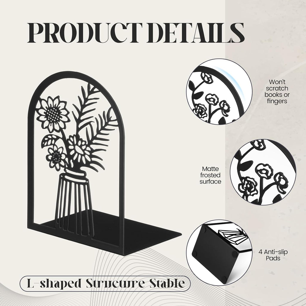 Feifeiya 6 Pairs Decorative Book Ends Metal Bookends for Shelves Black Metal Heavy Duty Book Ends Holder Supports Stoppers for Home Office School, 6.9x4.9x3.5”(Vase)