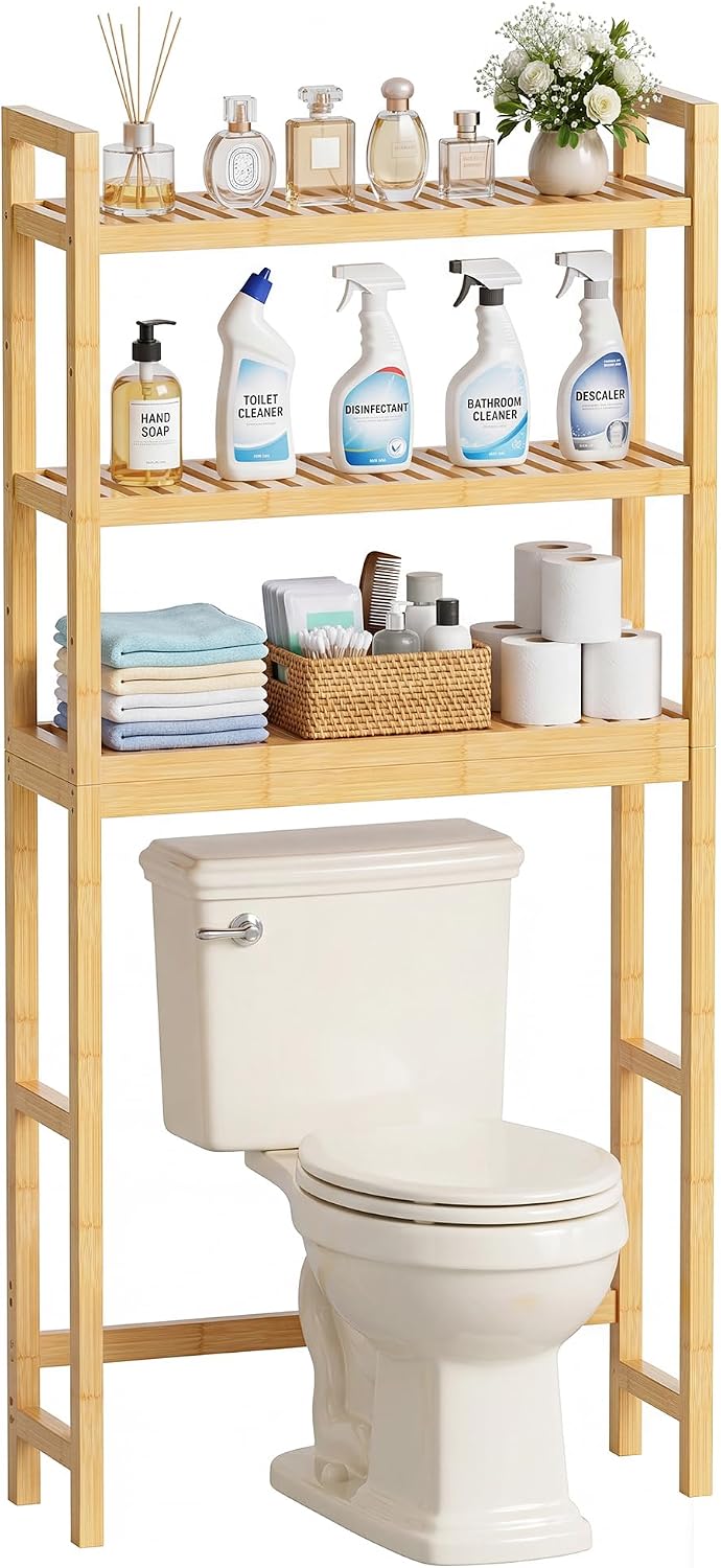 SMIBUY Bathroom Storage Shelf, Bamboo Over-The-Toilet Organizer Rack, Freestanding Toilet Space Saver with 3-Tier Adjustable Shelves (Natural)
