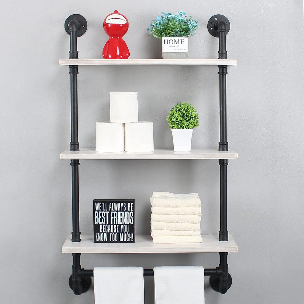 MBQQ Iron Pipe Shelves Industrial Bathroom Shelves with Towel bar,24in Rustic Metal Pipe Floating Shelves Pipe Wall Shelf,3 Tier Industrial Shelf Wall Mounted,Black & White