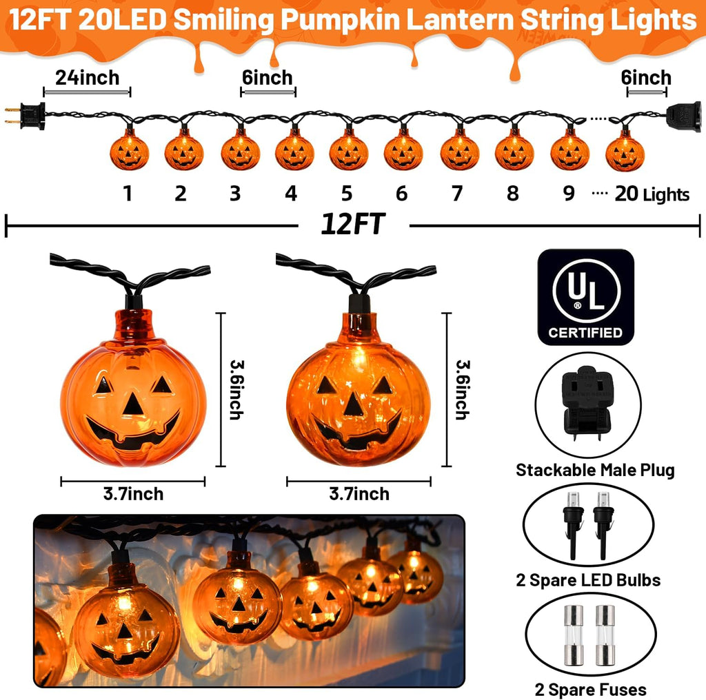 12Ft 20 LED Halloween Pumpkin String Lights Plug in Jack O Lantern Lights with Spooky Smile, 0.07W Energy-efficient LED Pumpkin Lights Outdoor Waterproof for Home Indoor Outdoor Halloween Decorations