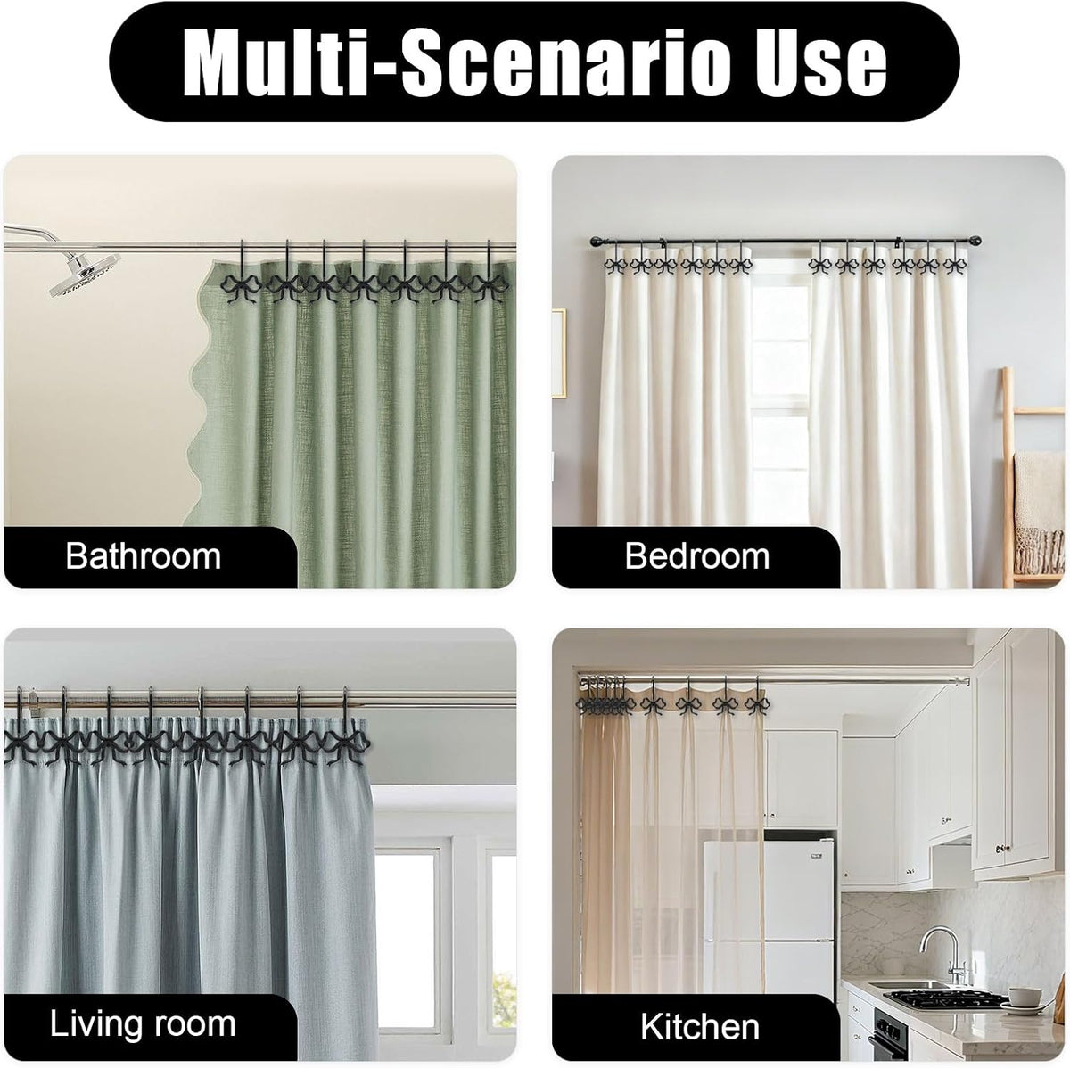 Bow Decorative Shower Curtain Hooks, Fashion Bowknot Shower Curtain Rings, Modern Bow Shower Curtain Hangers, 12PCS Shower Hooks for Shower Curtain, Home Decor, Bathroom, Bedroom, Living Room (Black)