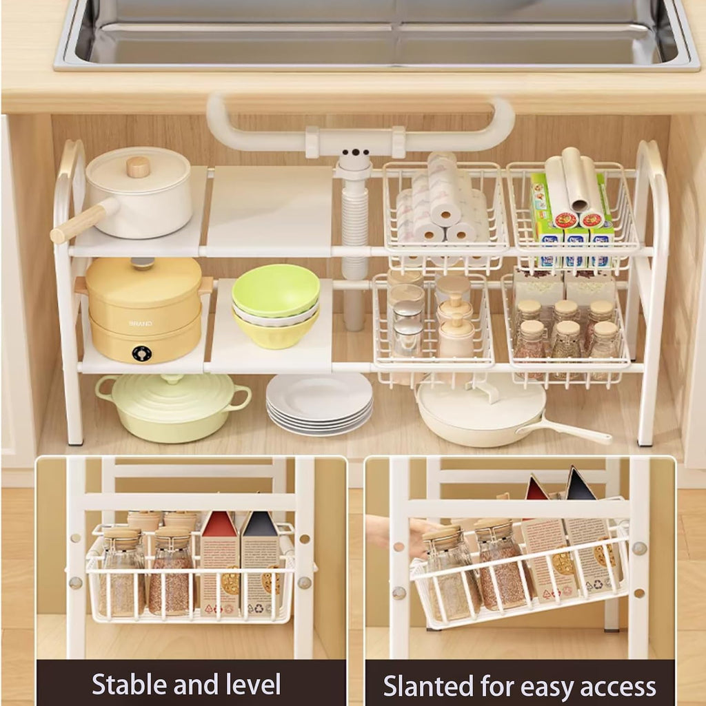 Under Sink Organizer，2 Tier Expandable Heavy Duty Metal Shelf，with 5 Removable Panels and 5 Storage Basket for Under Kitchen Bathroom Sink Organizers and Storage(White, Large)