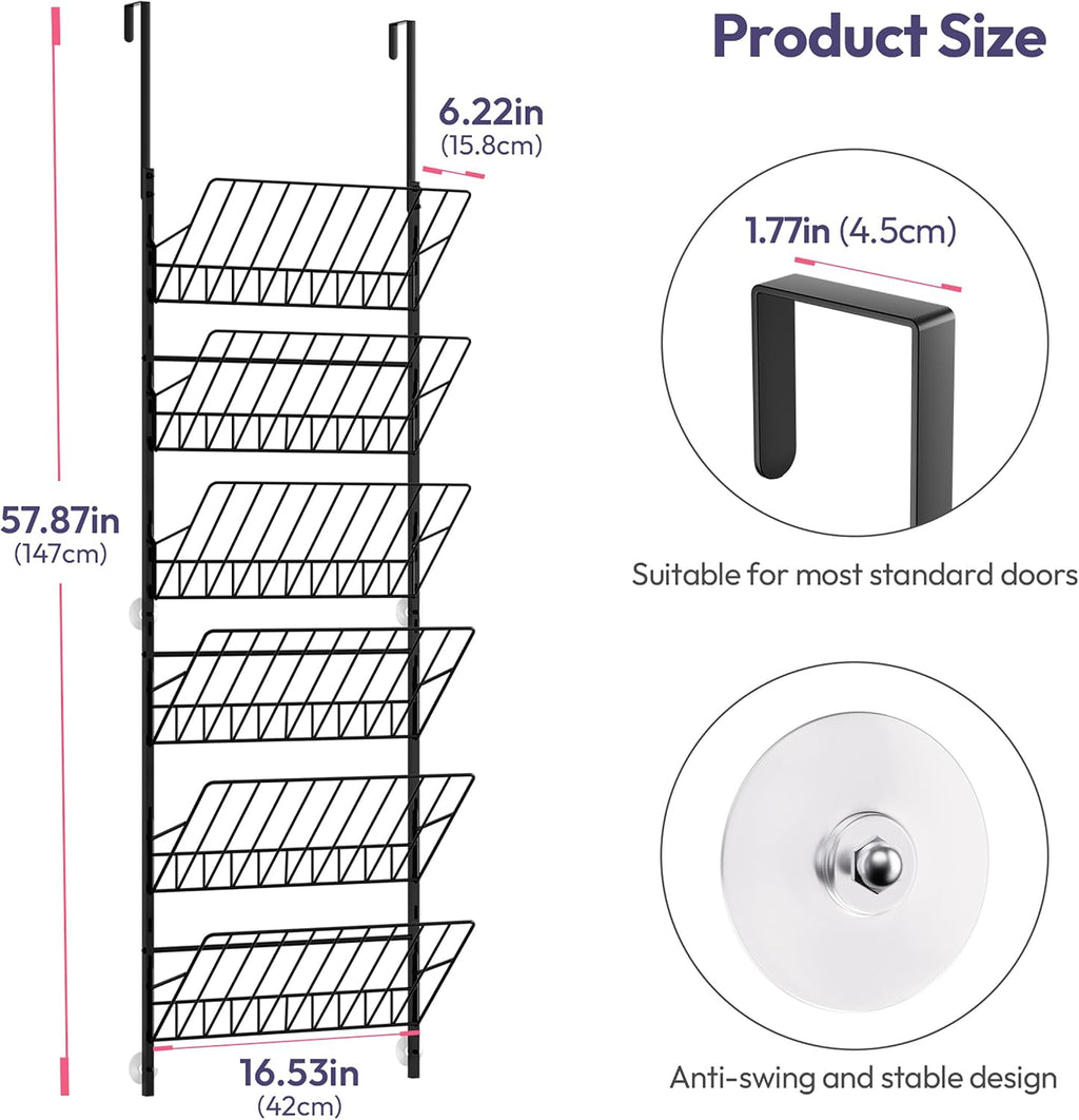 SWTYMIKI Over the Door Shoe Organizer - Adjustable 6 Tier Hanging Shoe Rack Organizer, Metal Heavy Duty Behind Door Storage or Wall Mount Shoes Shelf for Flats, Heels, Sneakers, Boots