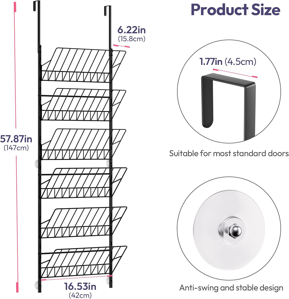 SWTYMIKI Over the Door Shoe Organizer - Adjustable 6 Tier Hanging Shoe Rack Organizer, Metal Heavy Duty Behind Door Storage or Wall Mount Shoes Shelf for Flats, Heels, Sneakers, Boots