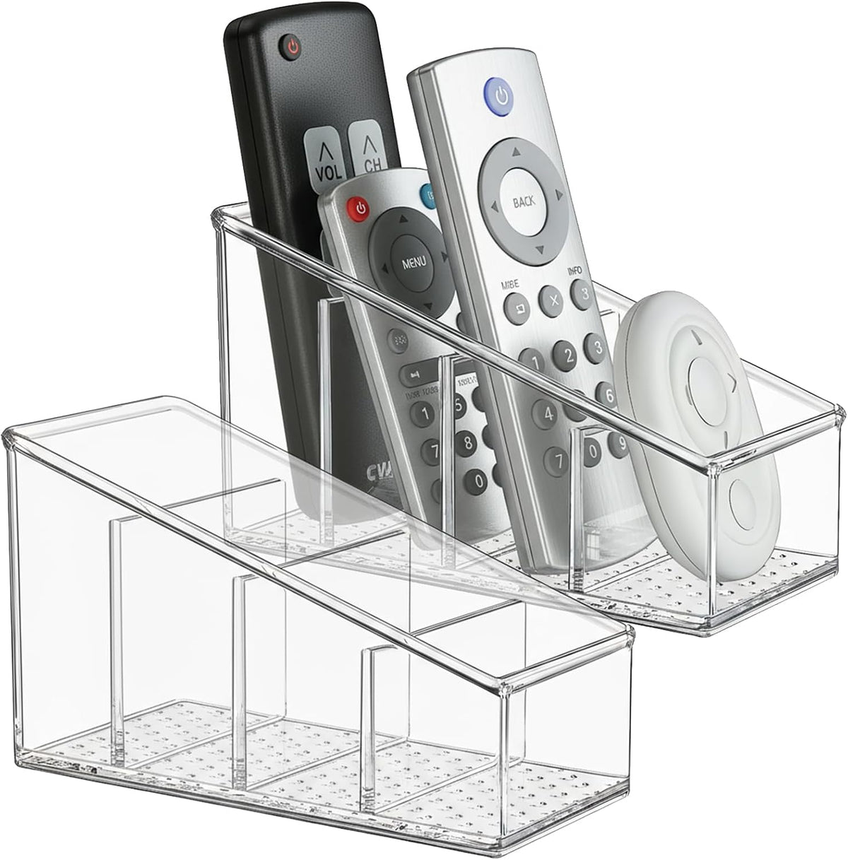 TV Remote Holder, Remote Holder for Table, Remote Control Caddy, Clear PET Remote Control Organizer with 4 Storage Compartments, Mini Desktop Remote Storage for Household, Bedside, Living Room (2)