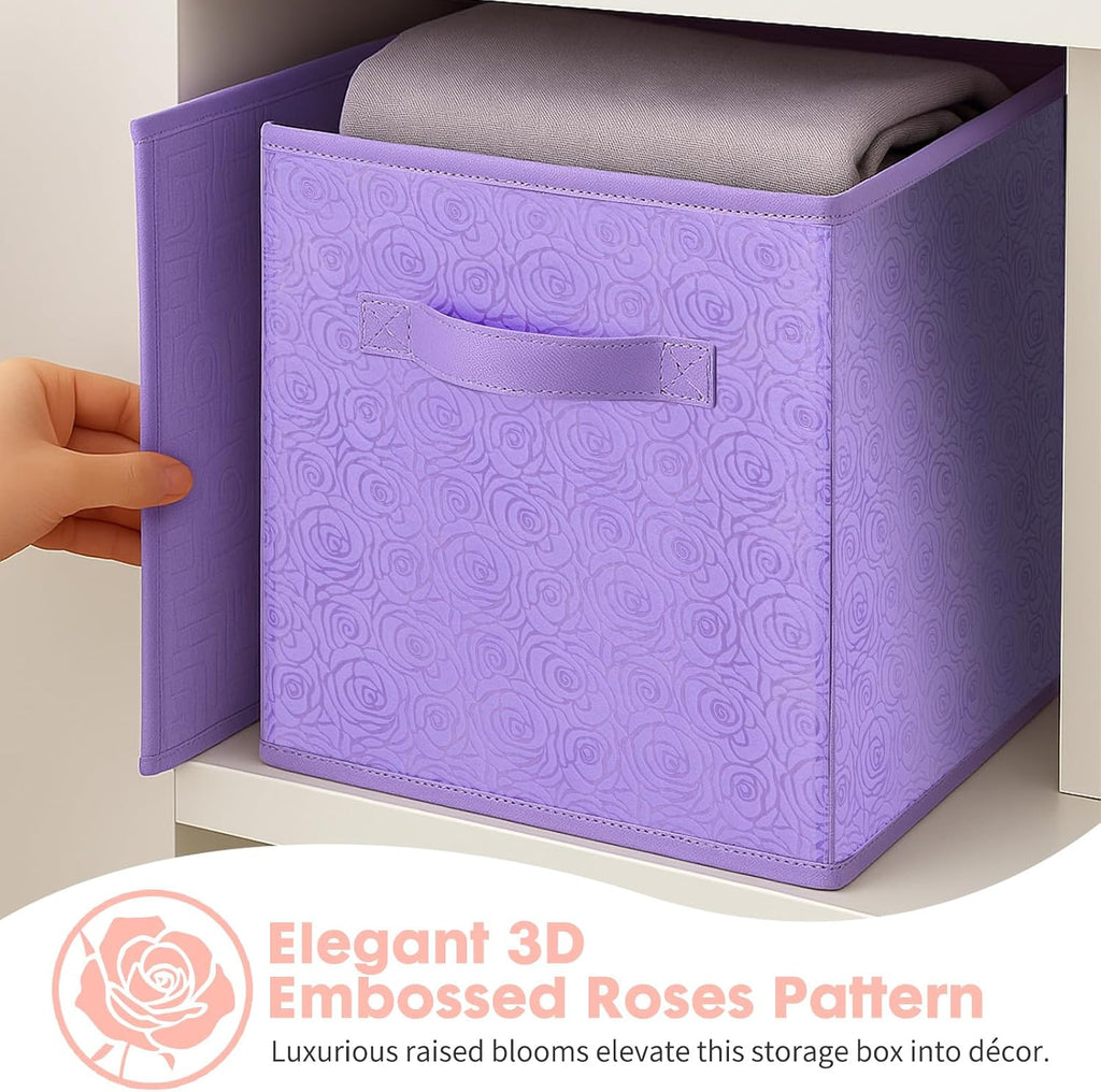 ShellKingdom Storage Bins, Foldable Fabric Storage Cubes with 3D Embossed Rose Pattern, Cloth Organizer Drawer For Closet And Toys, 10.5 X 10.5 X 11 inch, 2 Pack (Lavender)