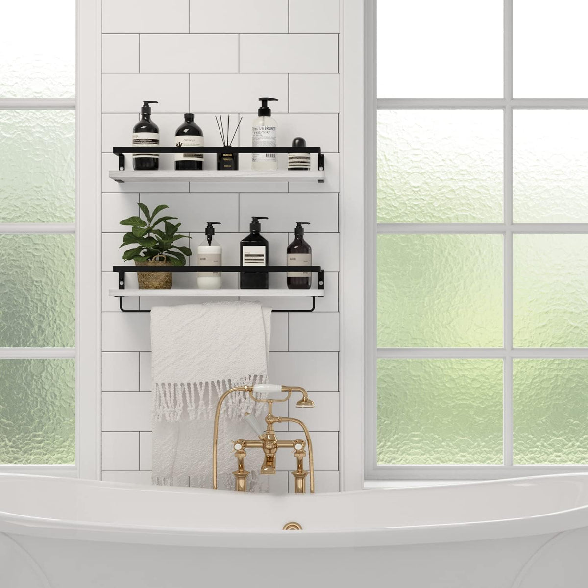 Floating Shelves for Wall, Bathroom Shelves with Towel Bar, Wall Mounted Storage Shelves for Kitchen, Bathroom, Set of 2 White