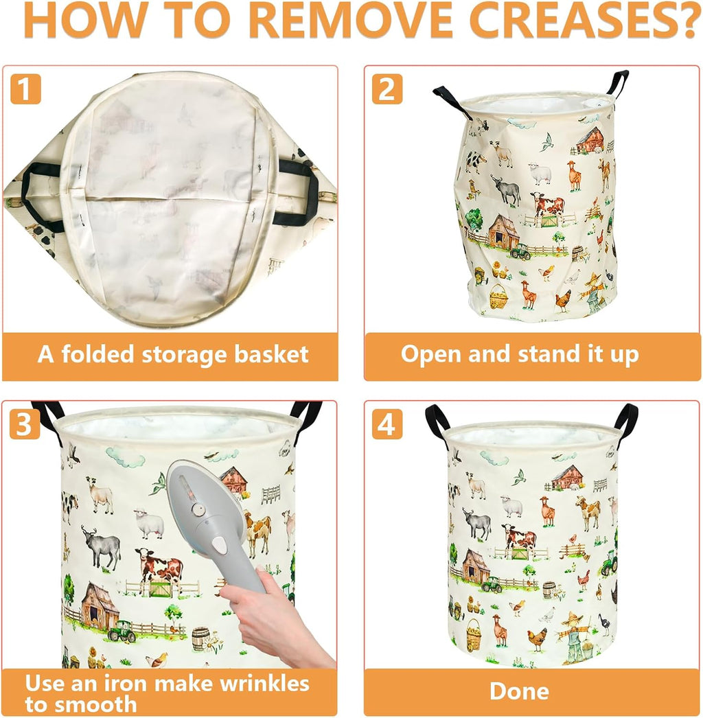 Farm Animal Laundry Hamper, Round Collapsible Laundry Basket with Handles, Cotton Linen Storage Bin for Clothes, Blankets, Toys, Bedroom, Dorm Room and Farmhouse Decor