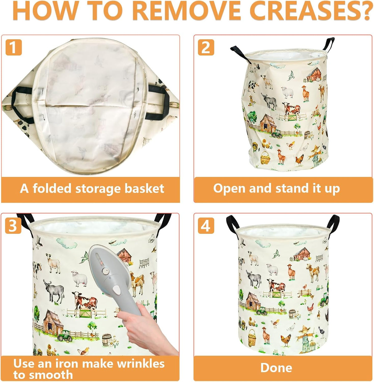 Farm Animal Laundry Hamper, Round Collapsible Laundry Basket with Handles, Cotton Linen Storage Bin for Clothes, Blankets, Toys, Bedroom, Dorm Room and Farmhouse Decor