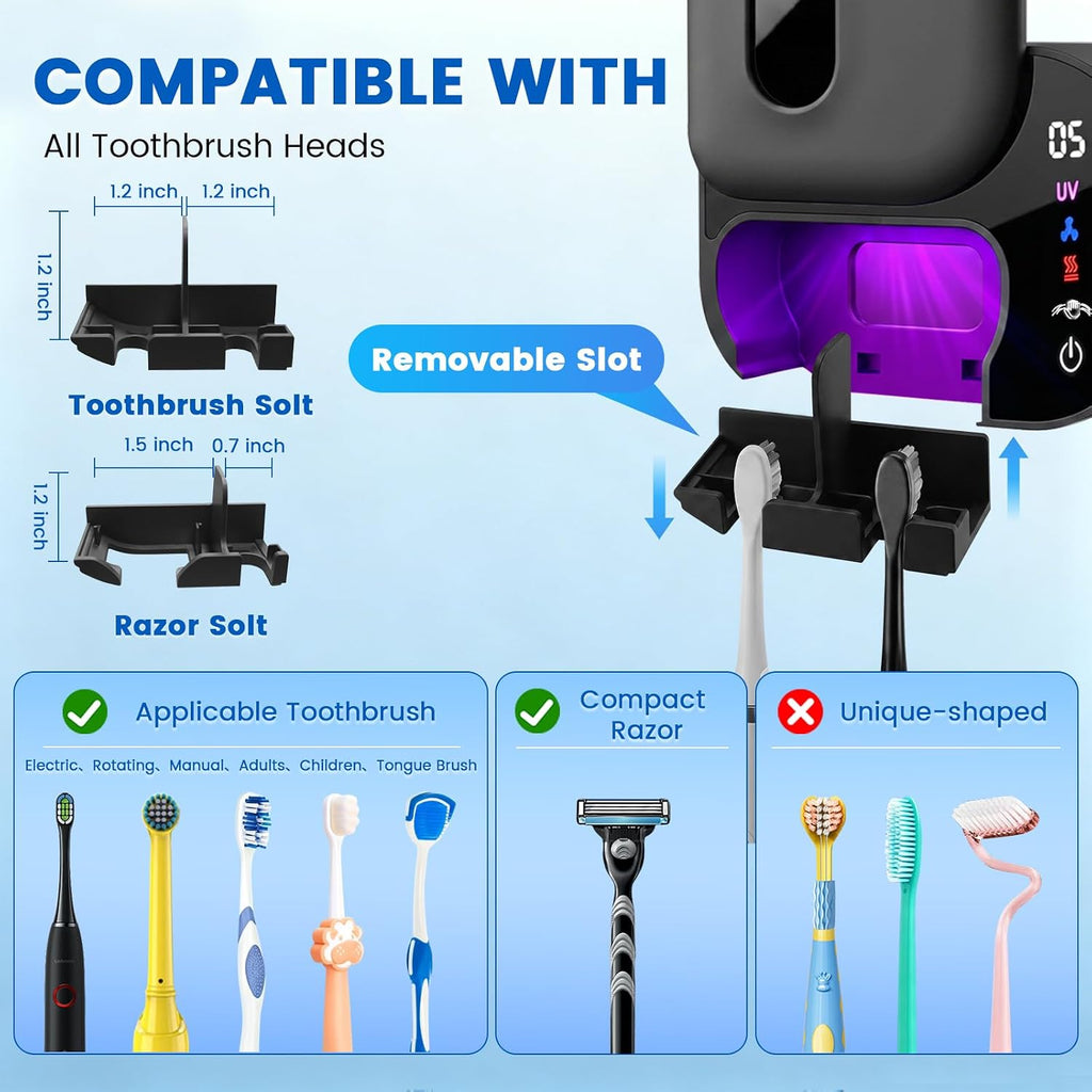 Toothbrush Holder for Bathroom, Infrared Sensing Toothbrush Cleaner with 2 Slots for Most Toothbrush Sizes, Wall Mounted Tooth Brush Holder with LED Smart Display & Hot Air Drying for Travel (Black)