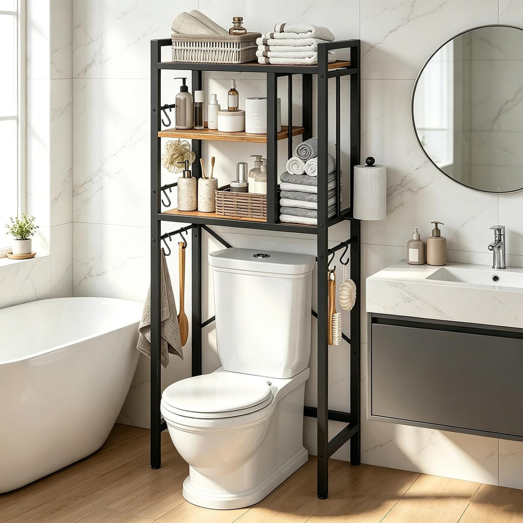 YATINEY Over The Toilet Storage Rack, 3-Tier Bathroom Organizer Shelf, Above Toilet Storage with Paper Holder 8 Hooks, Over The Toilet Storage Cabinet for Bathroom, Rustic Brown and Black TR06BR