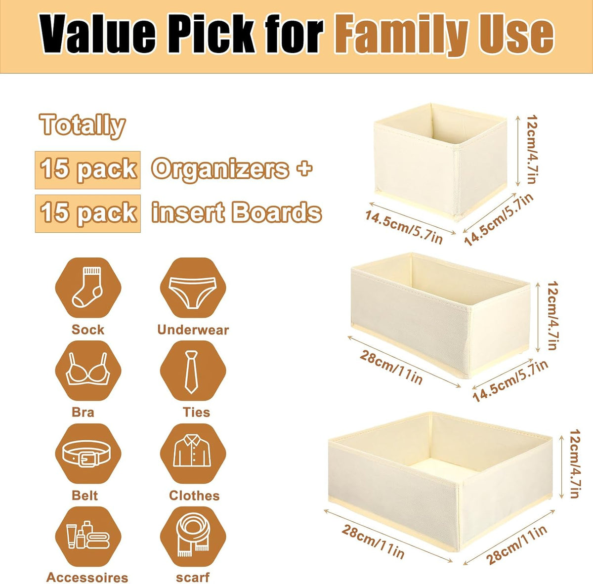 15 Pack Drawer Organizer for Clothes, Dresser Organizer for Baby Clothes, Foldable Closet Storage Dividers & Bins for Nursery, Bedroom, Underwear, Socks, Bras, and Ties (Beige)
