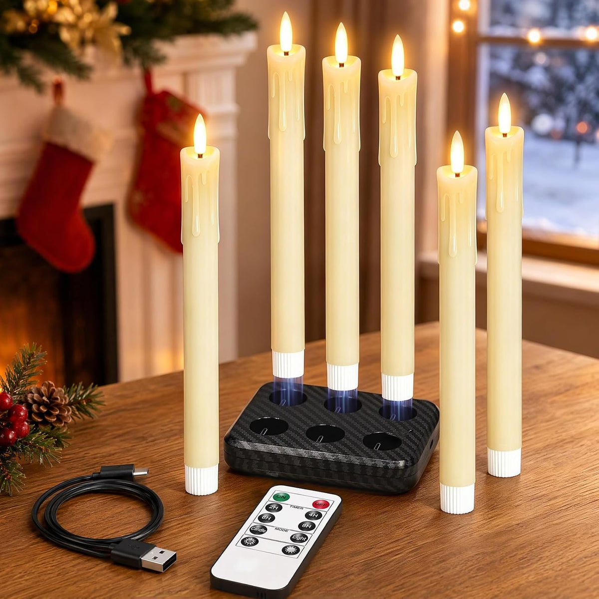 Rechargeable Flameless Taper Candles with Charging Base, Ivory