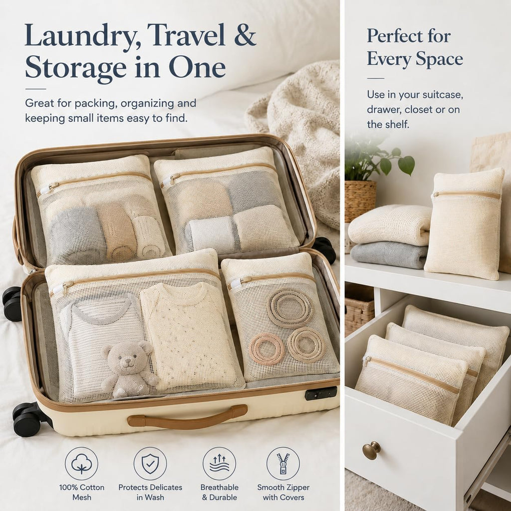 IMIKEYA Mesh Laundry Bags for Delicates, 4 Pack Cotton Zippered Wash Bags in 4 Sizes for Bras, Underwear, Socks, Sweaters, Baby Clothes, Travel and Dorm Organization