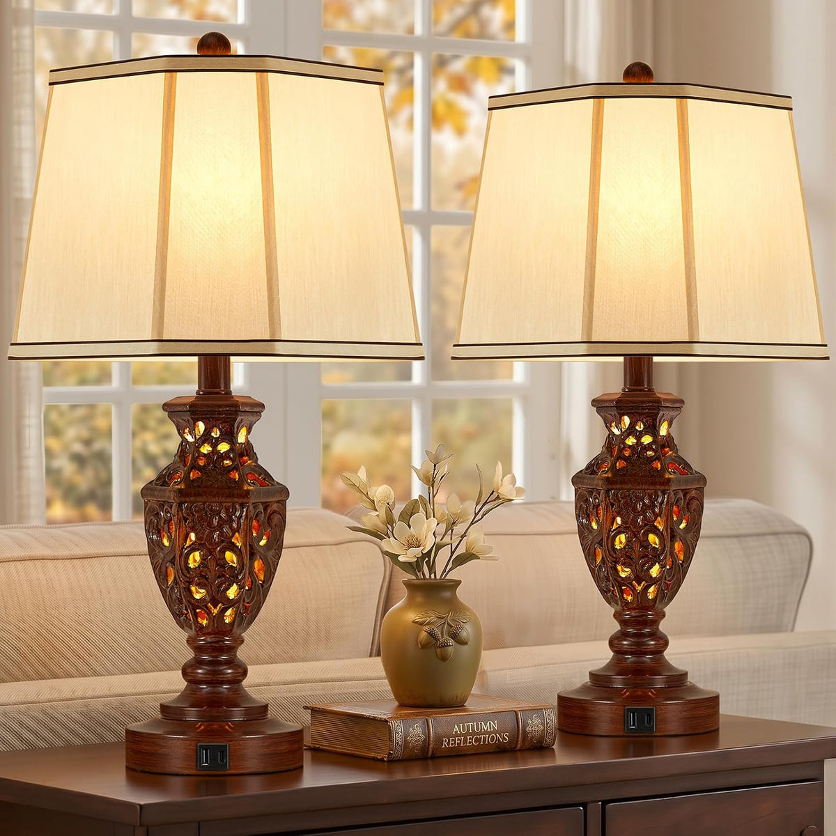 EJIAXIN Lamps for Night Stands Set of 2-23.5" Vintage Bedside Lamp with USB A+C and Nightlight - Brown Retro Carved Resin Farmhouse Desk Lamp for Bedrooms, End Tables, Living Room, Bulbs Included