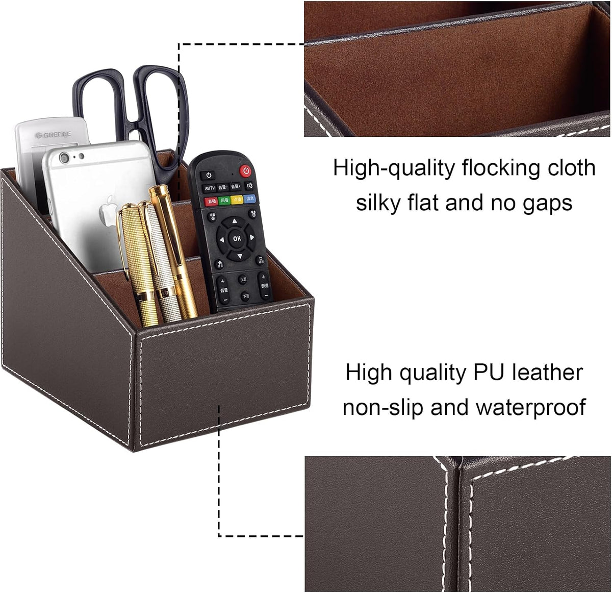 TV Remote Control Organizer/Caddy with 3 Compartments,PU Leather Remote Holder Bedside Table Top, Storage Box, Mobile Phone and Media Accessory Storage,Desk Organizers(brown)