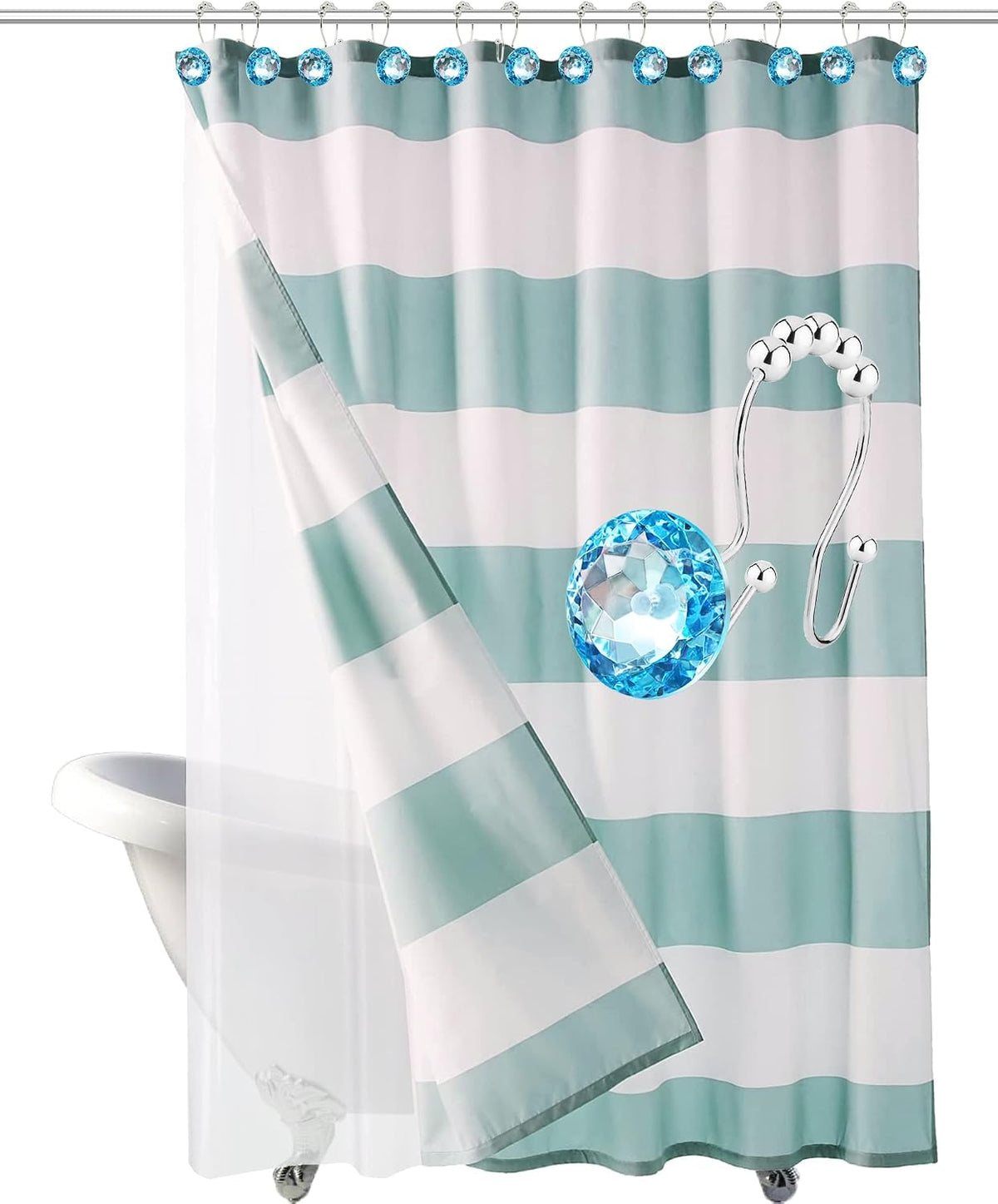 Shower Curtain Hooks Rings for Bathroom, 12PCS Double Hooks Glide Anti Rust Crystal Rhinestones Shower Curtain Rings Hangers for Shower Curtains, Clothing, Towels, etc. (Aqua Blue)