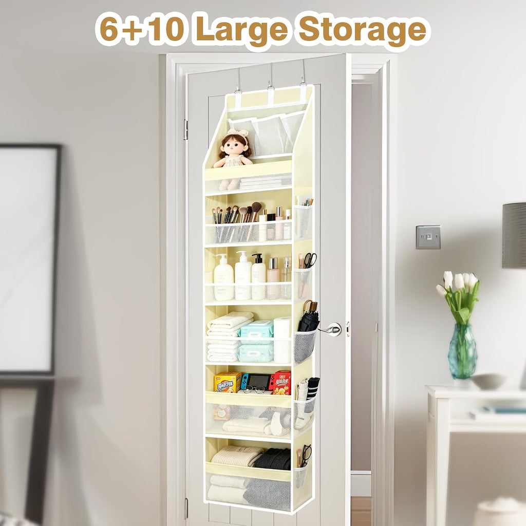 YooxArmor Over The Door Organizer, Hanging Storage with 6+10 Large Pockets, 22lbs Load Anti Tilt Behind Door Storage for Closet Bedroom Bathroom, White