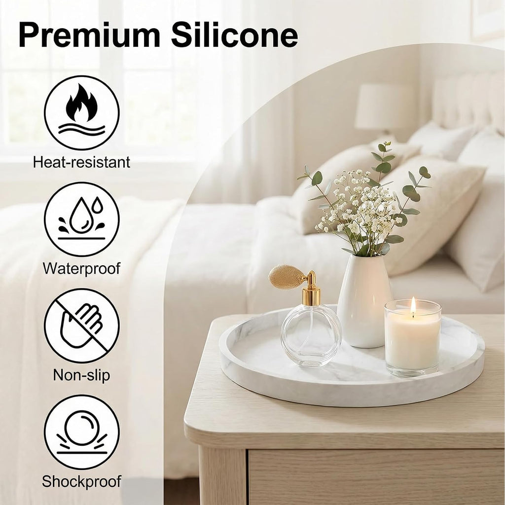 Round Tray Silicone, 10.6 Inch Bathroom Tray Countertop Decor, Vanity Trays for Bathroom Organizers, Waterproof Bathroom Tray for Counter, Decorative Coffee Table Tray-Marble White