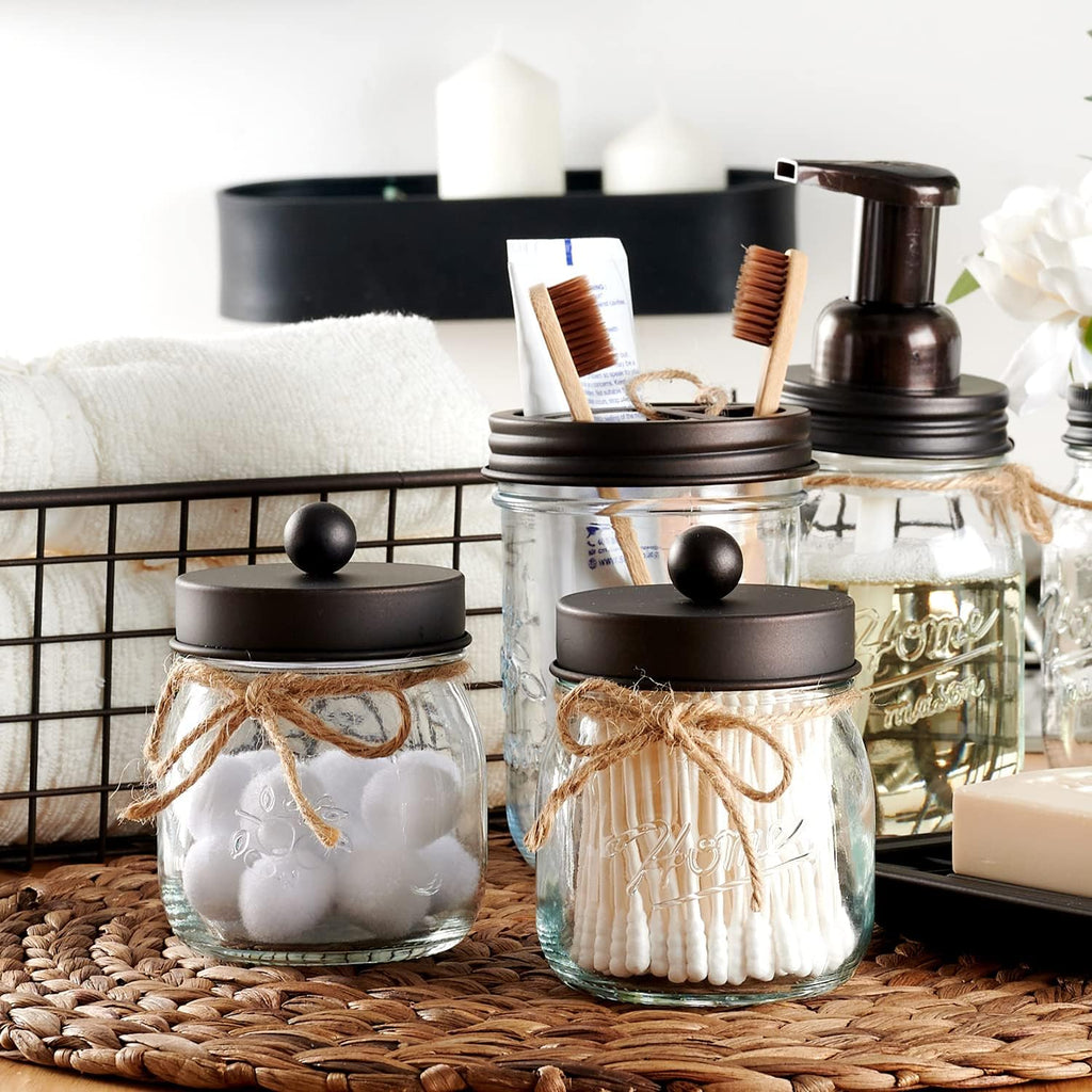 SheeChung 2 Pack Glass Mason Jar Qtip Holder,Bronze Stainless Steel Lids