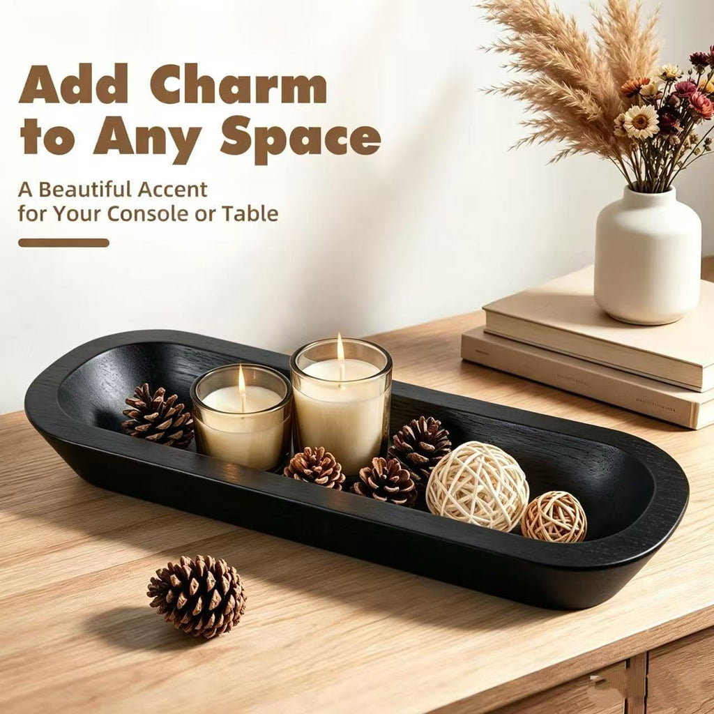 Long Wood Dough Bowl 15.7 x 5.67 x 1.9in Hand Carved Wooden Dough Bowls for Decor Wood Dough Bowls Decorative Wooden Dough Fruits Bowl for Table Centerpiece(black)