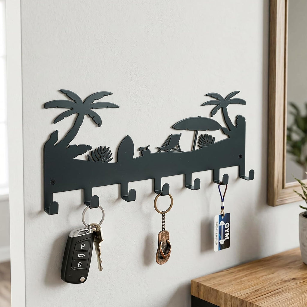 Coastal Metal Palm Tree Key Holder Wall Mount, Tropical Beach Key Hanger