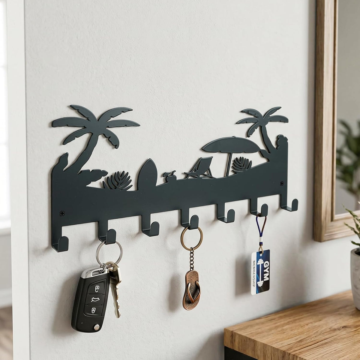 Coastal Metal Palm Tree Key Holder Wall Mount, Tropical Beach Key Hanger