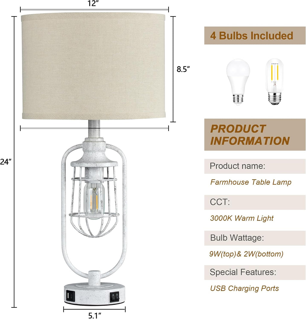 24" Antique Farmhouse Table Lamps Set of 2 for Living Room, USB A+C