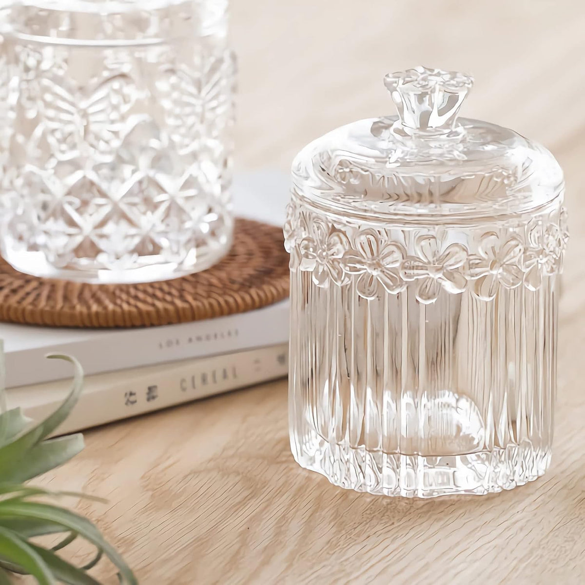 rejomiik 2 Pack Qtip Holder Glass Apothecary Jars with Lids, Clear