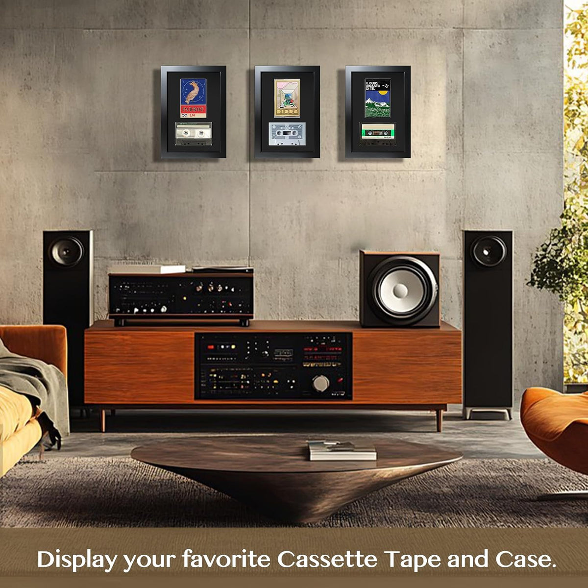 Cassette Tape Display Frame for Standard Case and Tape, Black Flocked EVA