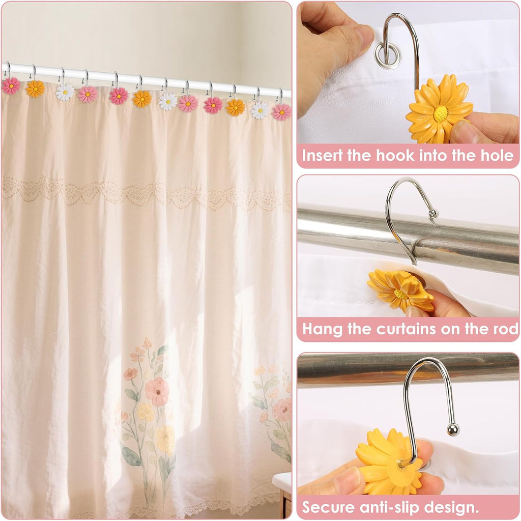 Flower Shower Curtain Hooks, 12 Pack Rustproof Stainless Steel Decorative, Bohemian Floral Bathroom Accessories for Curtain Rod and Shower Rod（Blush Mix）