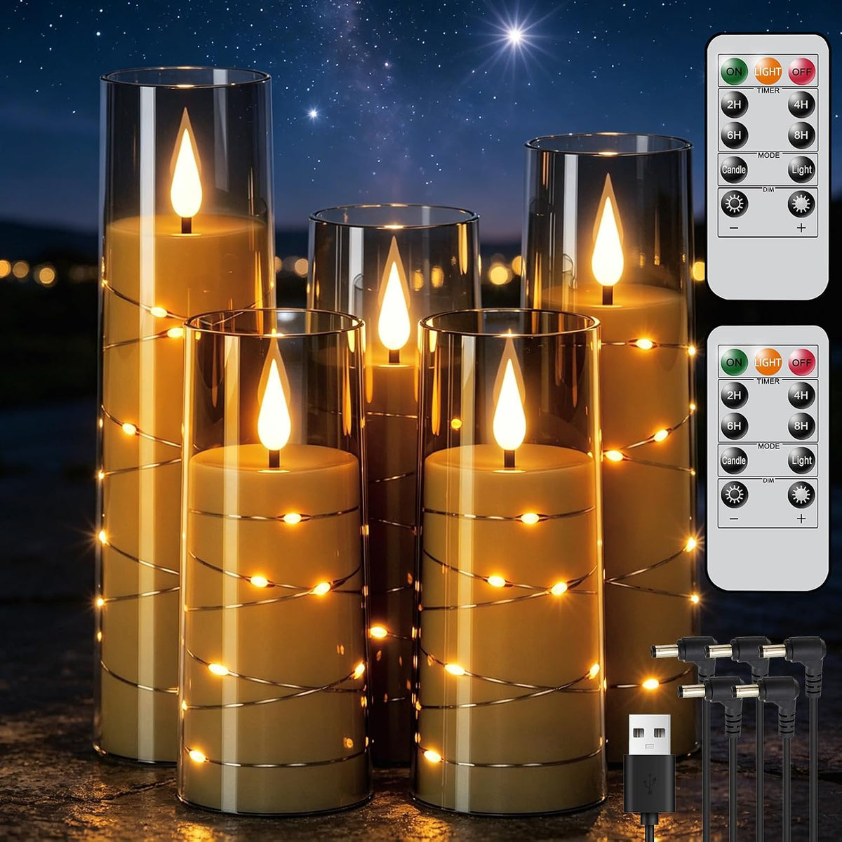 Rechargeable Flameless Candles String Light Battery Operated 2 Remote Black