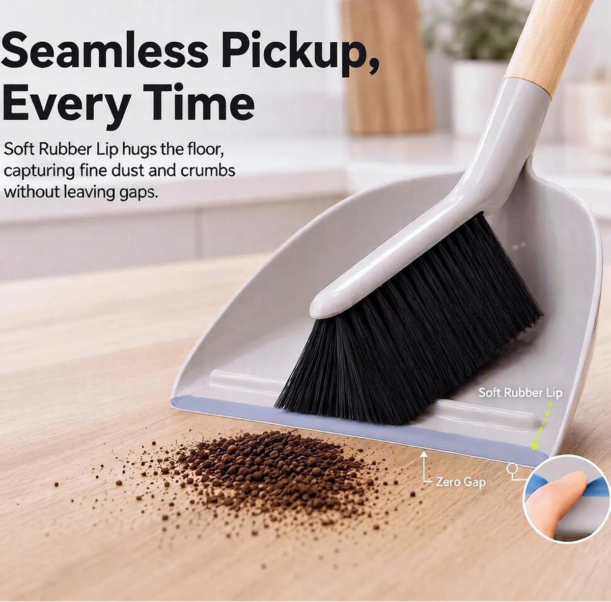 Small Handheld Dustpan and Brush Set, Mini Broom with Flagged PET Bristles & Rubber Lip Dustpan, Bamboo Handle Counter Crumb Sweeper for Kitchen, Desk, Car, Pet Hair