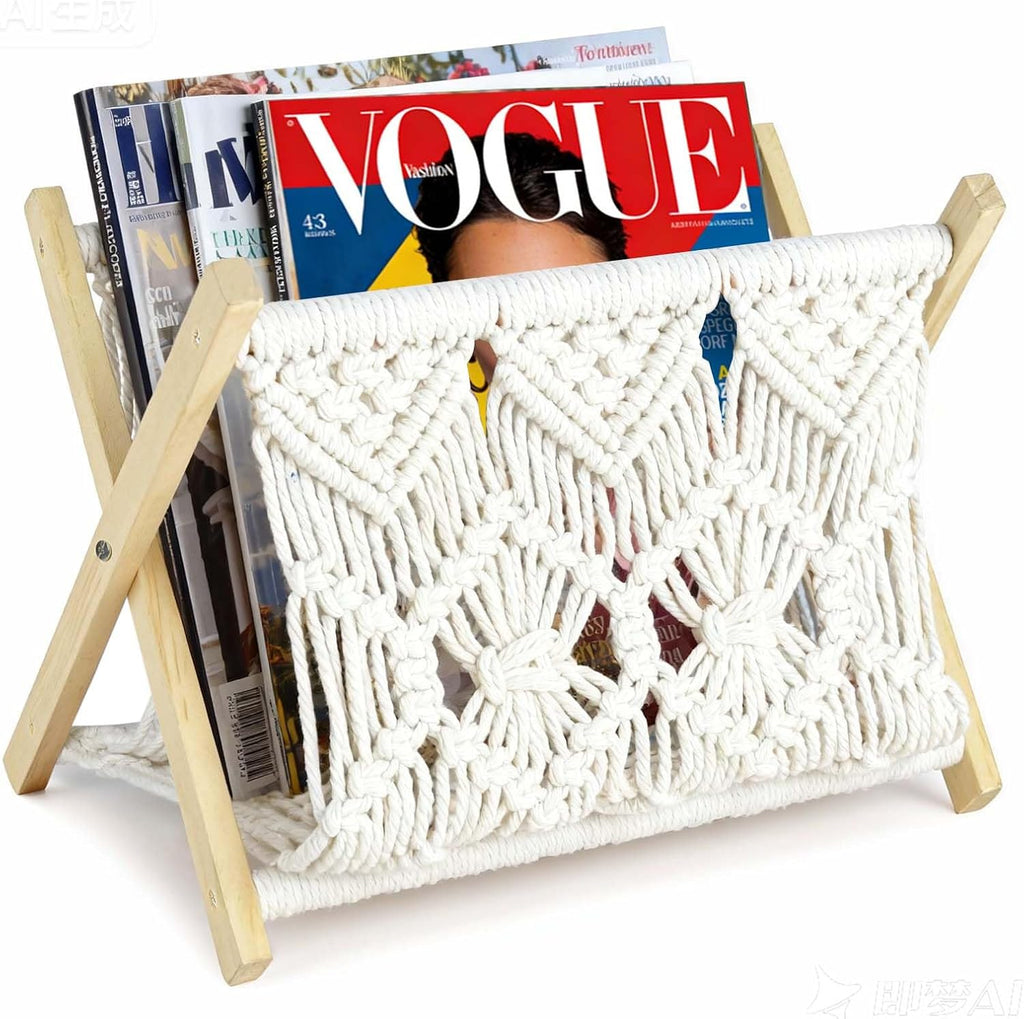 Boho Macrame Magazine Holder,Hand-Woven Magazine Rack for Home Office