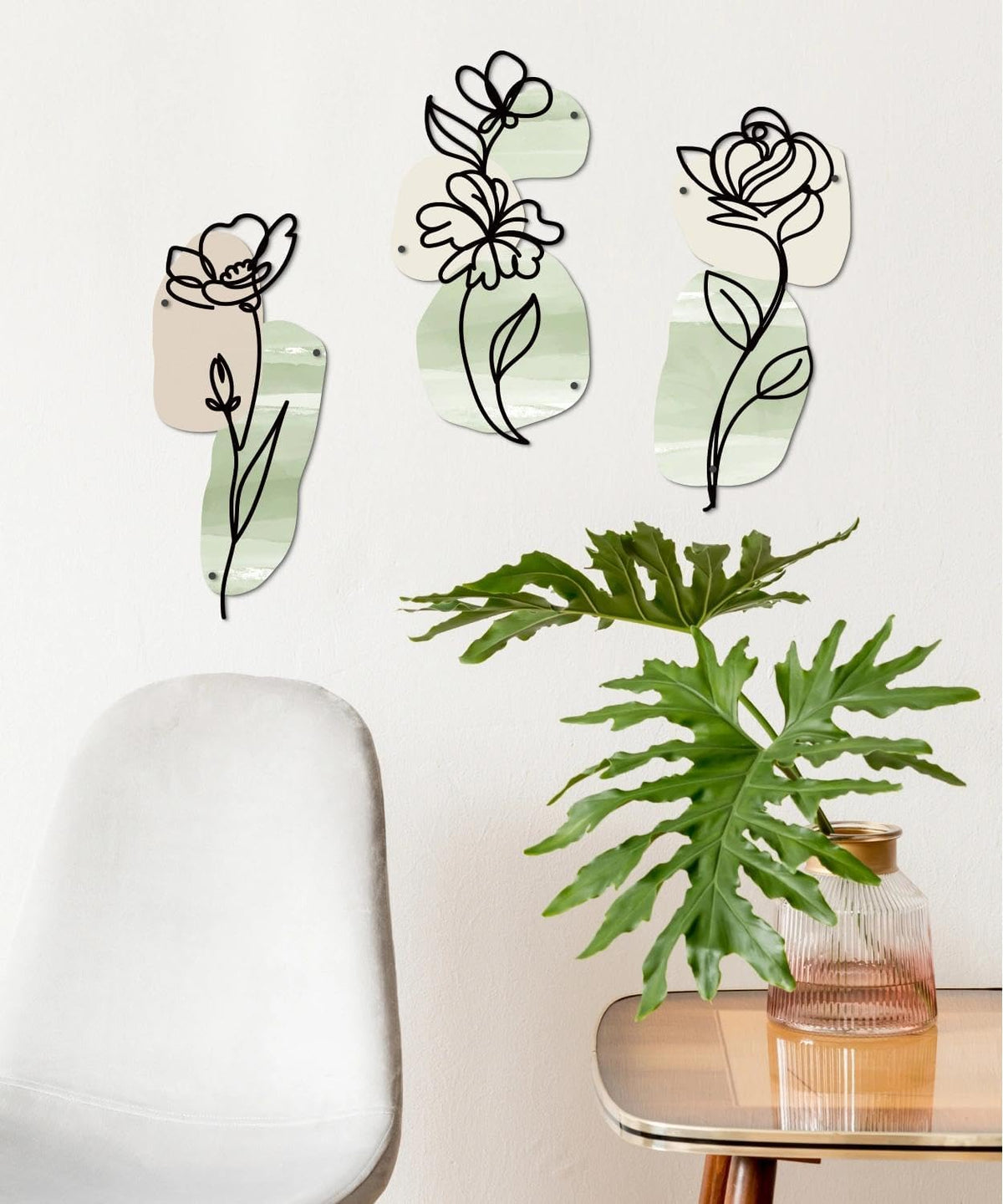 Putuo Decor Metal Flower Wall Decor, 3PCS Minimalist Floral Wall Art, Boho Spring Wall Sculptures for Living Room Bedroom Bathroom Kitchen, Modern Metal Flowers Decorations