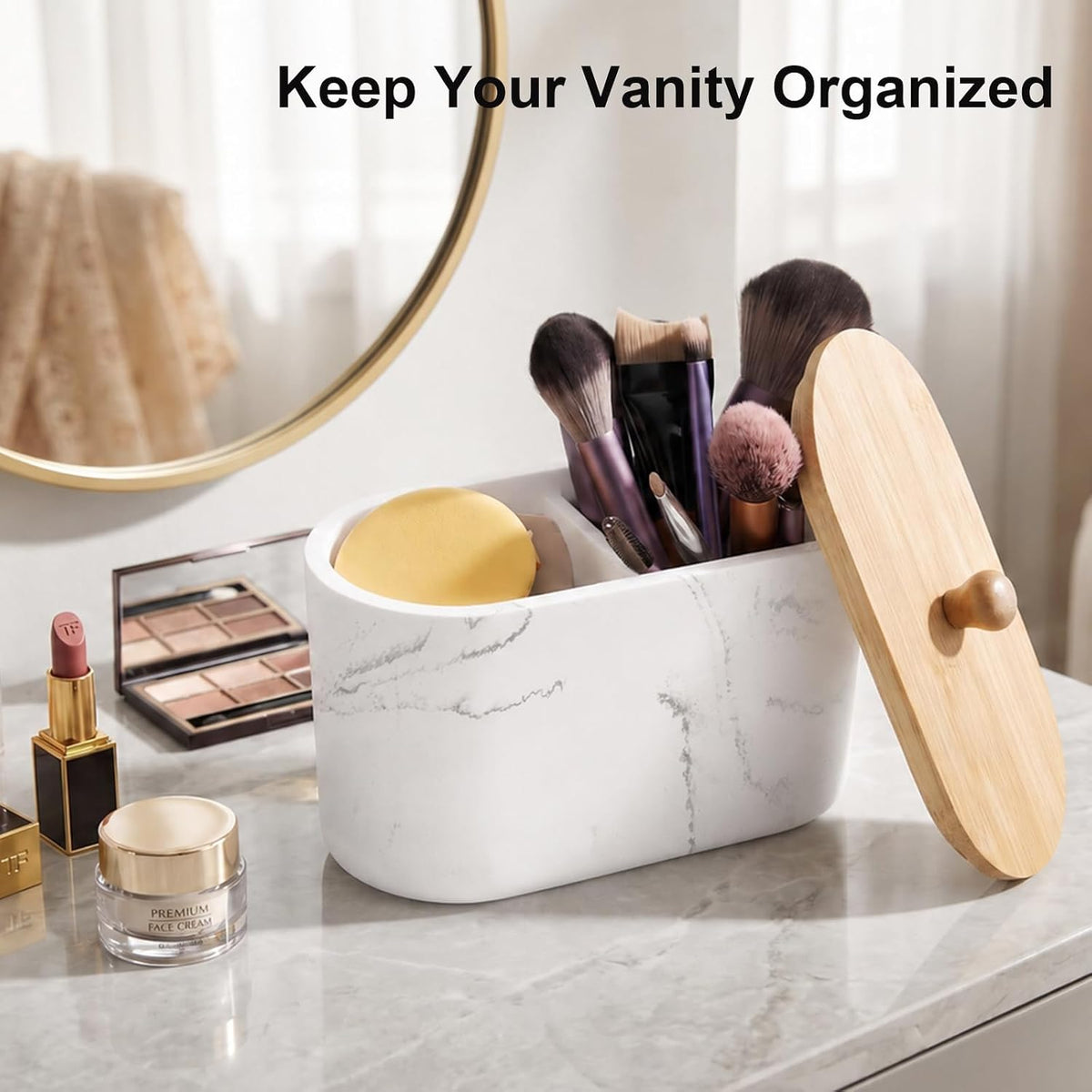Cotton Swab Holder, Round Cotton Pads Balls Qtip Holder Dispenser with Lid, 2 Compartments Qtips Holder, Tampoms Period Box Bathroom Organizers Storage Bin Floss Dispenser Vanity Cosmetics, White