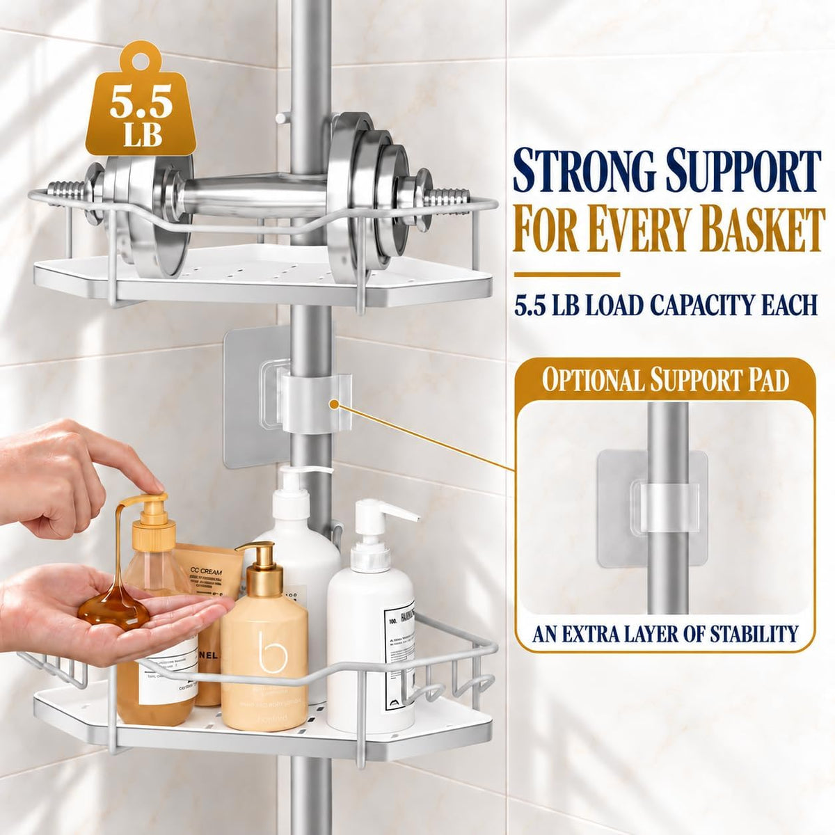 SEIRIONE Rustproof Corner Shower Caddy Tension Pole for Shampoo Holder