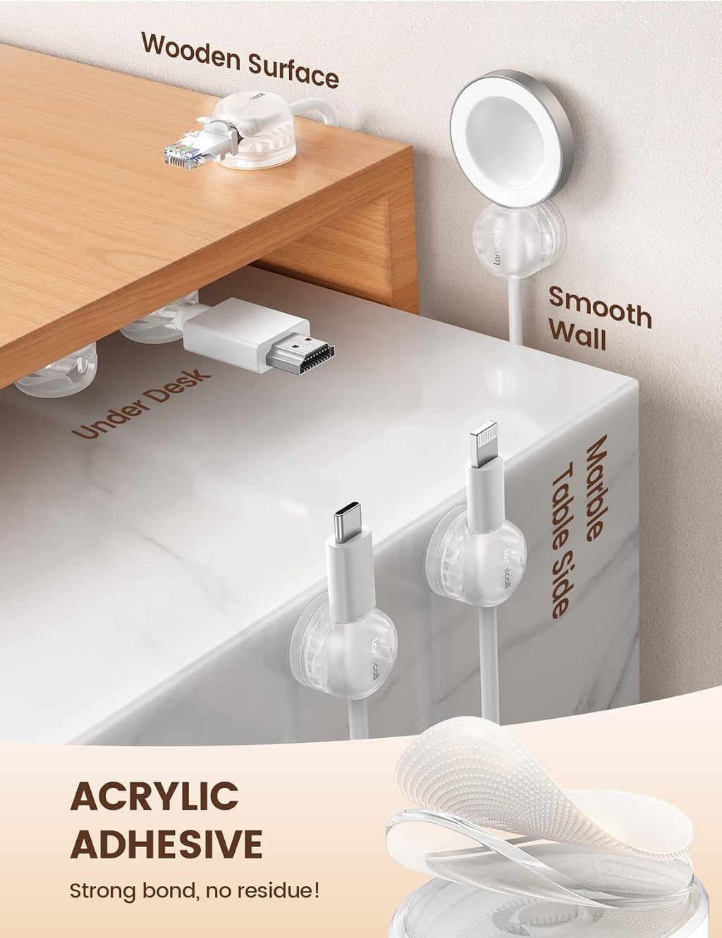 Lamicall 6Pack Clear Rotatable Cord Organizer, [1s Lock] Spring Cable Clips