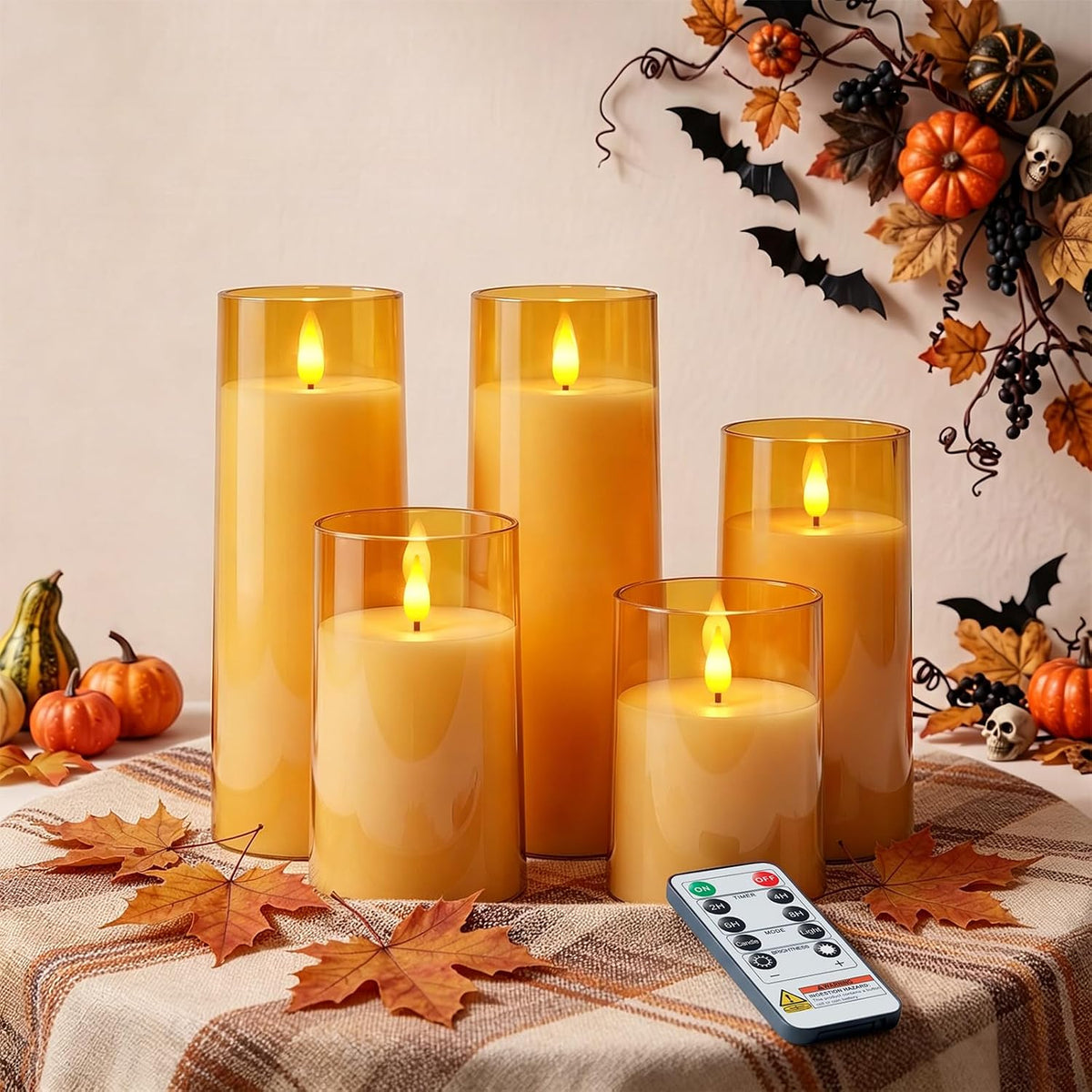 Raycare Amber Battery Operated Candles Flameless Candles with Timer and Remote 3" x 4" 5" 6" 8" 8", 5 Pcs Acrylic Flickering LED Pillar Candles Romantic Ambiance and Home Decoration