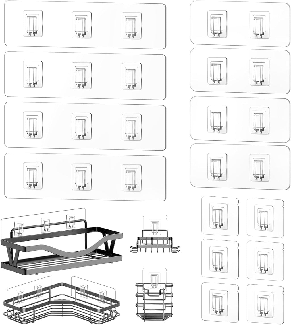 14 Pack Shower Caddy Replacement, Strong Adhesive Flat Hooks, Clear Waterproof Shower Shelf Strips for No Drilling Bathroom Storage Shelves, Soap Holder, and Kitchen Racks