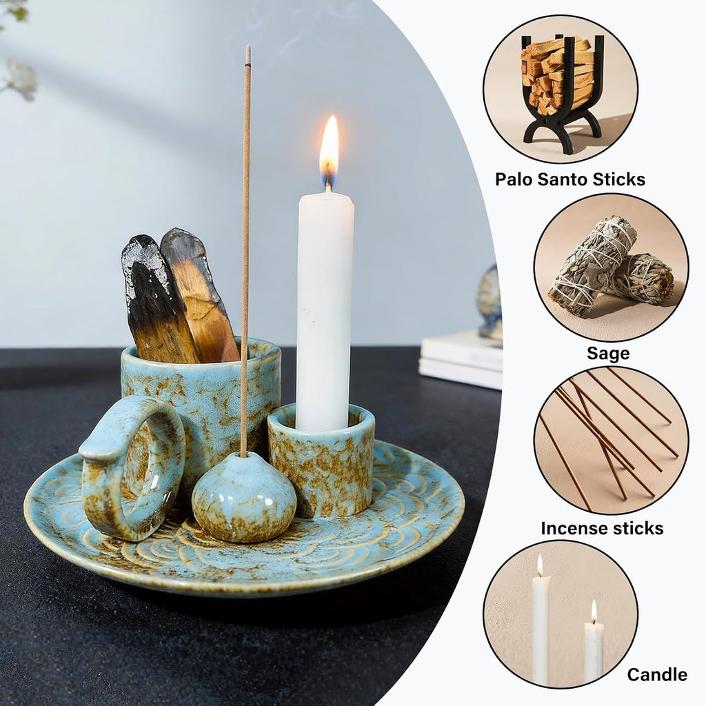 Tnstbiee 4-in-1 Blue Ceramic Palo Santo Burner, Small Smudge Tray Bowl