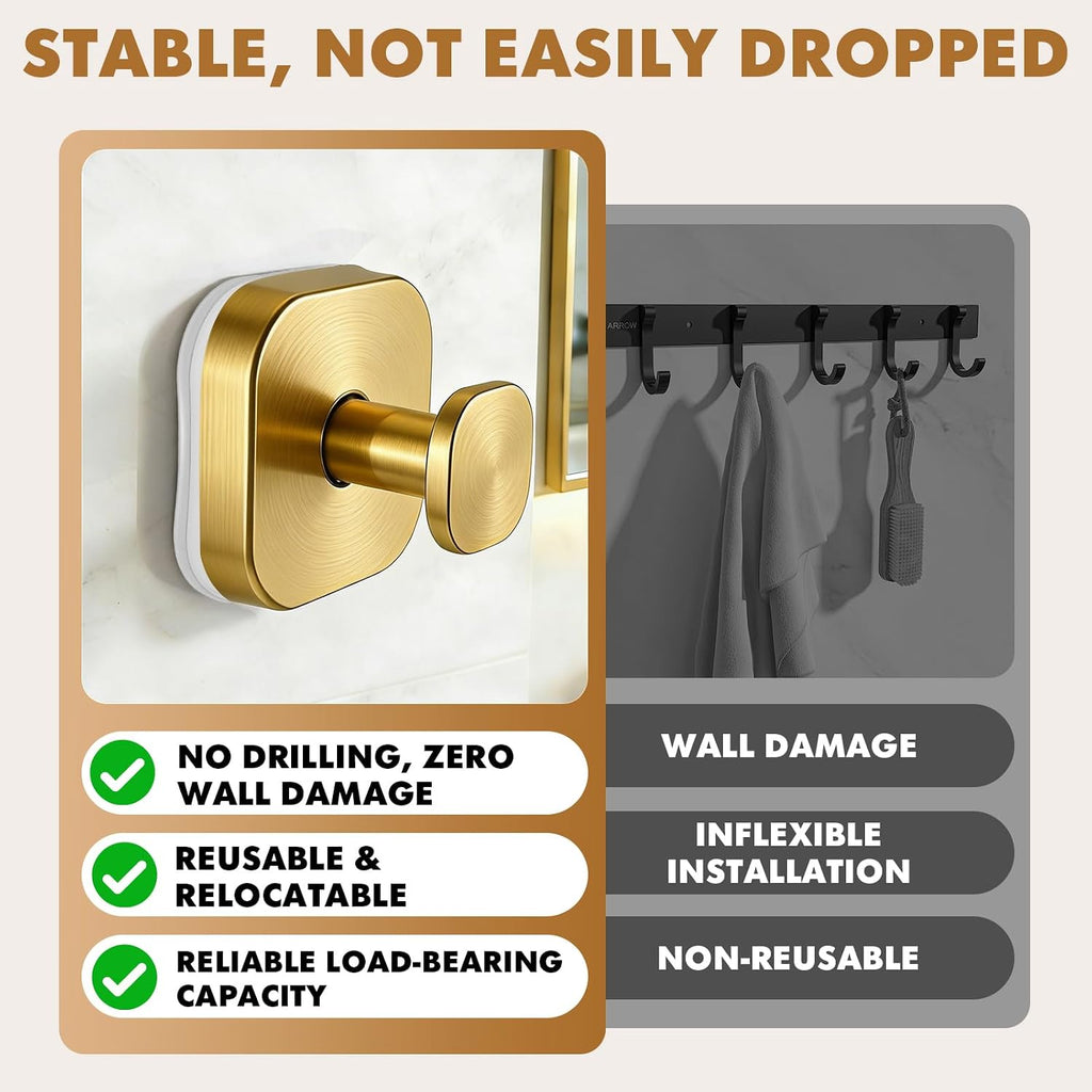 Gold Suction Cup Hooks, No Drill Shower Hooks for Bathroom & Wreath Hanger