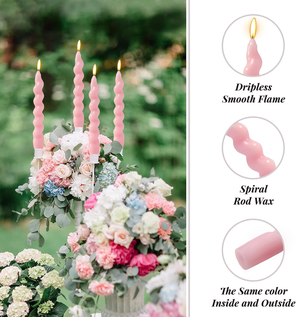 4 Pack 7 Inch Baby-Pink Spiral Taper Candles, Unscented Dripless Fat Twisted Candlesticks for Home Décor Party Wedding and Celebrations